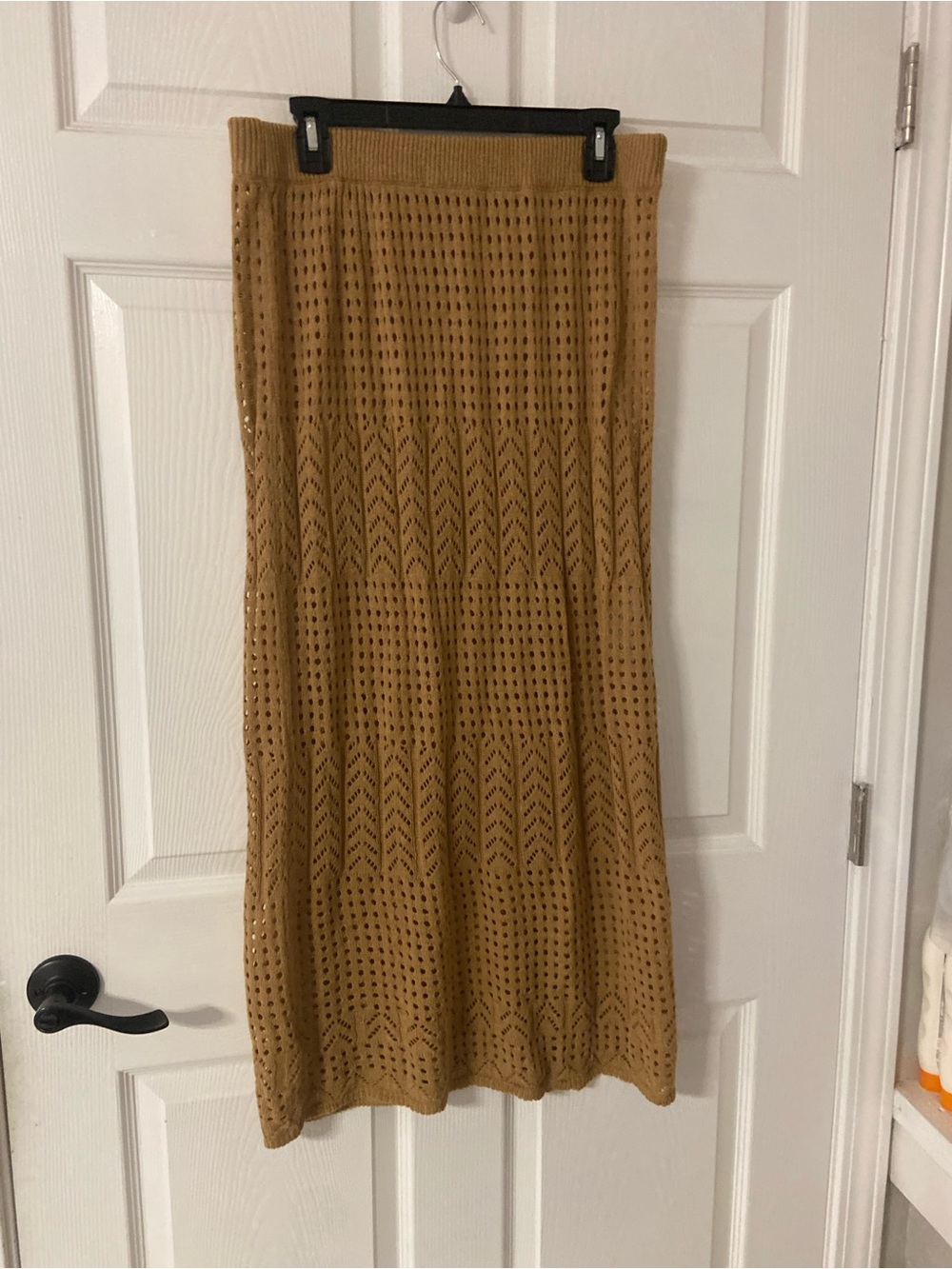 T40a- Camel Tan Crochet Knit Midi Pull-On Cover-Up Skirt